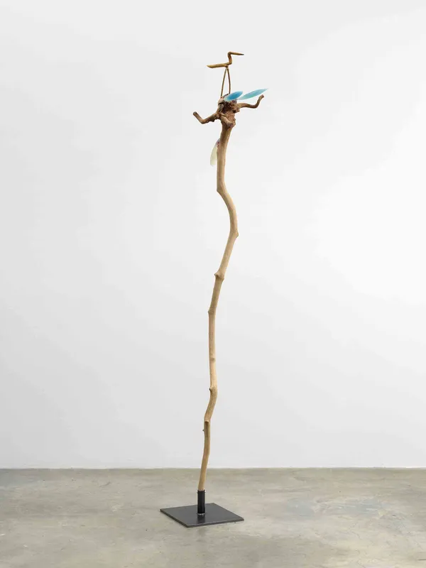 Minouk Lim (b. 1968) A Day Far Away, 2022 Wood cane, polyurethane resin, wooden bird, metal plate Dimensions: 70 7/8 x 13 7/8 x 12 5/8 inches 180 x 35 x 32 cm Metal Plate Dimensions: 11 x 8 inches 27.9 x 20.3 cm
