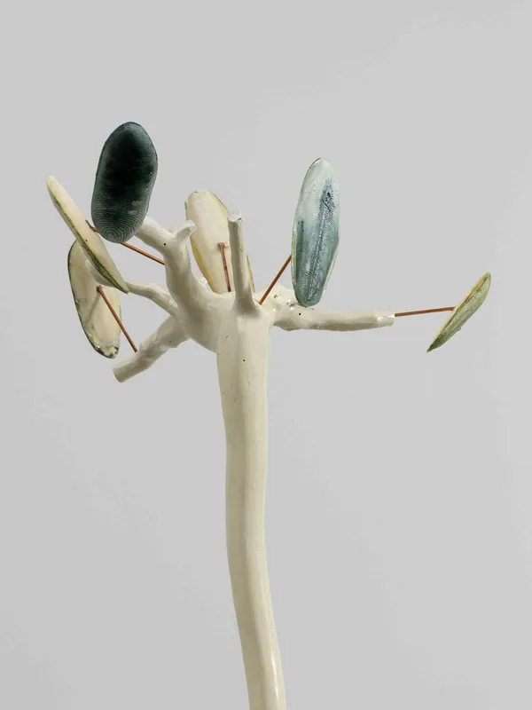 Minouk Lim (b. 1968) Roundabout Song, 2022 Wood cane, cuttlebone, metal plate Dimensions: 78 x 17 x 16 1/8 inches 198 x 43 x 41 cm