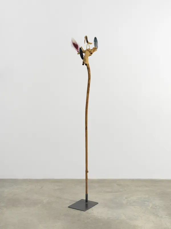 Minouk Lim (b. 1968) Ready to Whirl, 2022 Wood cane, cuttlebone, polyurethane resin, wooden bird, metal plate Dimensions: 70 7/8 x 12 5/8 x 15 inches 180 x 32 x 38 cm Metal Plate Dimensions: 10 7/8 x 8 3/8 inches 27.5 x 21 cm