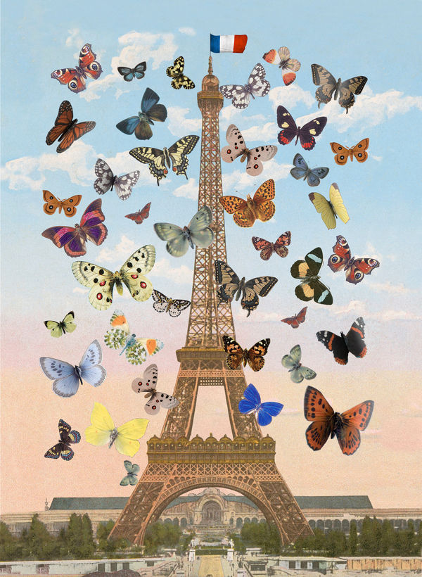 Limited edition silkscreen print by Iconic British Pop artist, Sir Peter Blake, titled Eiffel Tower (Large Lenticular), 2013 featuring the Eiffel tower and multi coloured butterflies. Turner Art Perspective, Essex Gallery.