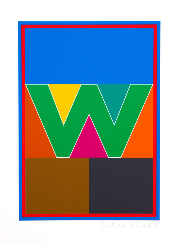 Limited edition silkscreen print by Iconic British Pop artist, Sir Peter Blake titled The Dazzle Alphabet Letter, 2017 featuring a colourful pop art depiction of the letter W. Turner Art Perspective, Essex Gallery.