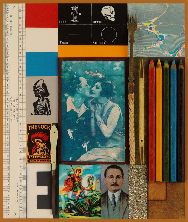 Silkscreen print with glitter and 3D printed elements by Iconic British Pop artist, Sir Peter Blake, titled, 3D Wooden Puzzle Series: The Kiss, 2014 featuring a cabinet of treasured objects including a photograph of a kissing couple and coloured pencils in a nostalgic display. Turner Art Perspective, Essex Gallery.