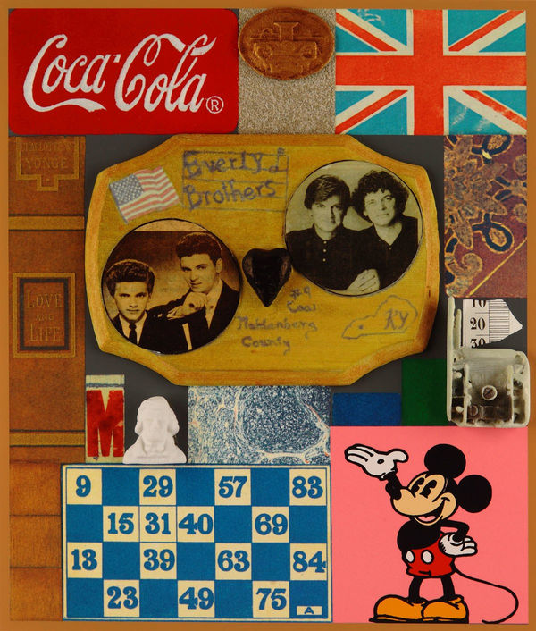 Silkscreen print with glitter and 3D printed elements by Iconic British Pop artist, Sir Peter Blake, titled, 3D Wooden Puzzle Series: Everly Brothers 2014 featuring a cabinet of treasured objects including Mickey Mouse and Everly Brothers in a nostalgic display. Turner Art Perspective, Essex Gallery.