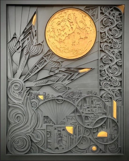 Intricate layered artwork featuring a large golden moon above abstract geometric and swirling grey patterns with small gold highlights.