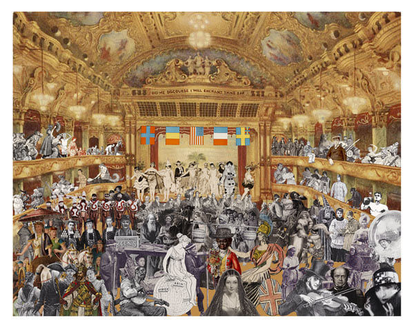 Limited edition silkscreen print by Iconic British Pop artist, Sir Peter Blake, Marcel Duchamp's World Tour - New Year's Eve Parade at the Tower Ballroom, Blackpool, 2015 featuring New Year's Parade at the Tower Ballroom with collage style characters. Turner Art Perspective, Essex Gallery.