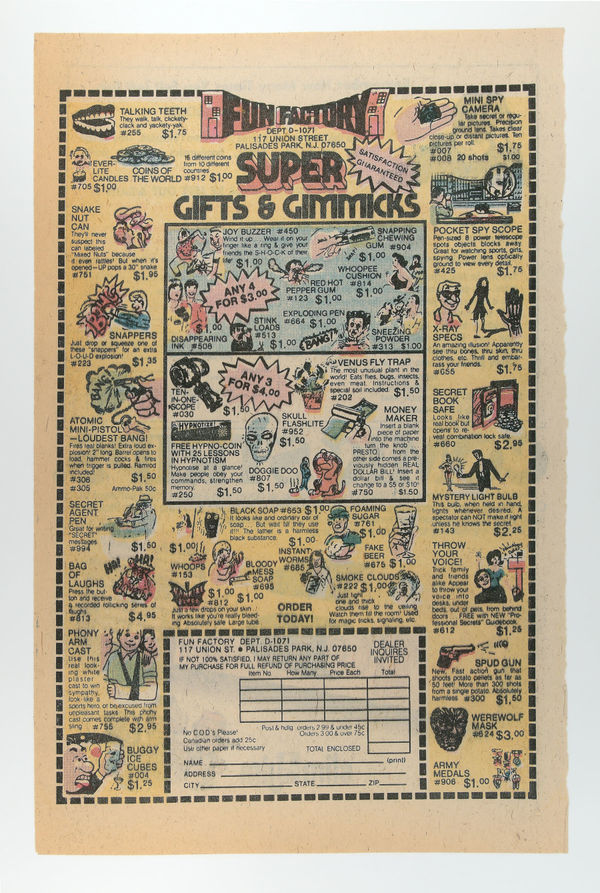 Limited edition silkscreen print by Iconic British Pop artist, Sir Peter Blake, Found Art: Fun Factory, 2015 featuring a Vintage advert for gifts. Turner Art Perspective, Essex Gallery.