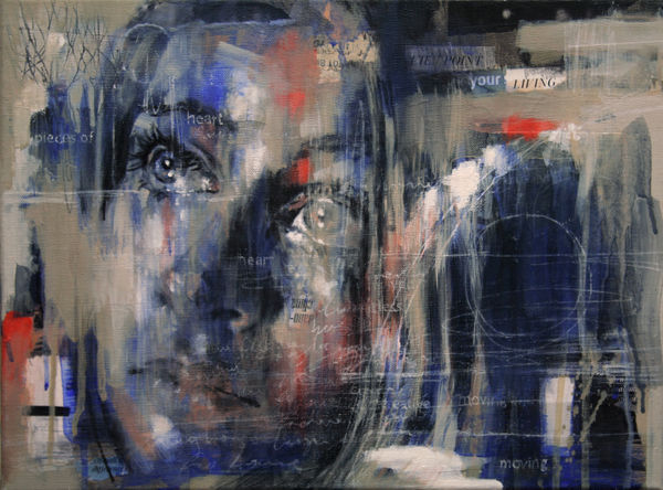 Original Painting with spray paint by British female artist Toni Codgell titled Echoes, depicting a close-up of a women’s face with layers of blue and pink accents with painted words and collaged images in a street art style. Turner Art Perspective, Essex Gallery.