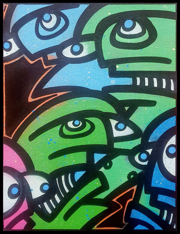Galo, Artist, Gas, Original painting on board, Street art, Green, Blue, Pink, Faces, Turner Art Perspective, Essex Chelmsford Art Gallery