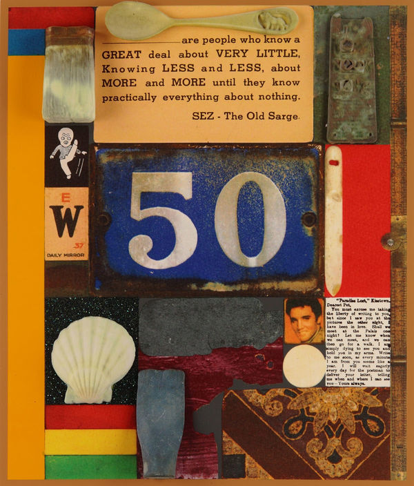 Silkscreen print with glitter and 3D printed elements by Iconic British Pop artist, Sir Peter Blake, titled, 3D Wooden Puzzle Series: 50, 2014 featuring a cabinet of treasured objects including photo of Elvis and the number 50. Turner Art Perspective, Essex Gallery.