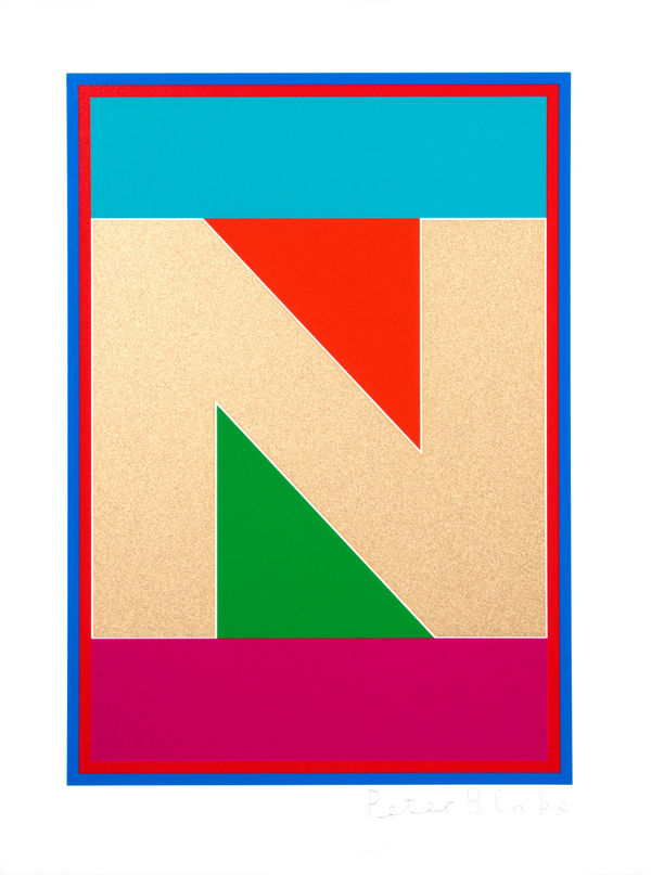 Limited edition silkscreen print by Iconic British Pop artist, Sir Peter Blake titled The Dazzle Alphabet Letter, 2017 featuring a colourful pop art depiction of the letter N. Turner Art Perspective, Essex Gallery.
