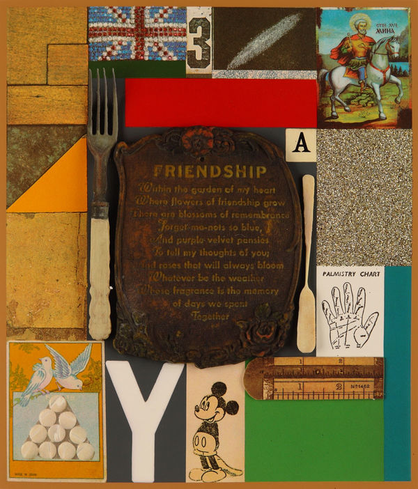 Silkscreen print with glitter and 3D printed elements by Iconic British Pop artist, Sir Peter Blake, titled, 3D Wooden Puzzle Series: Friendship, 2014 featuring a cabinet of treasured objects including Union Jack, palmistry chart and friendship poem in a nostalgic display. Turner Art Perspective, Essex Gallery.