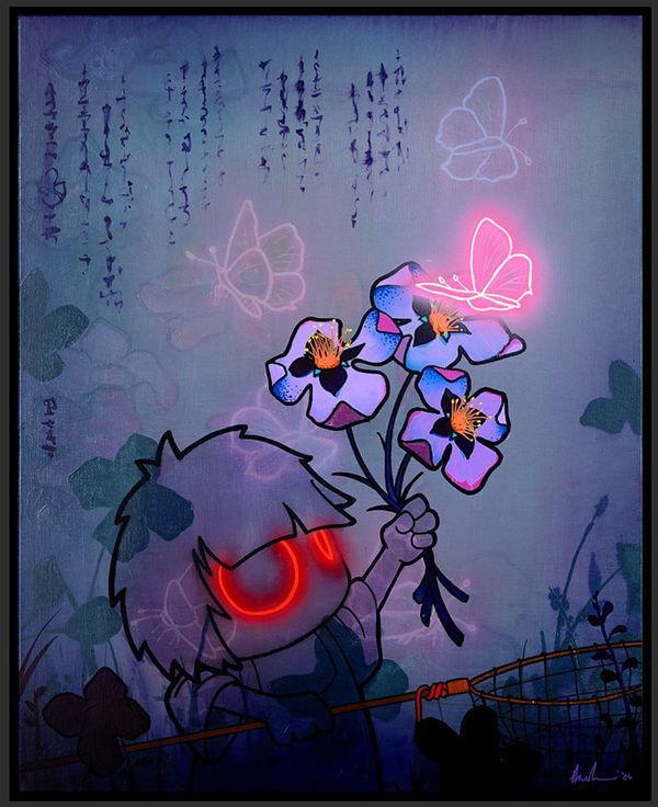 Tom Lewis, Artist, Shadó & Swallowtail, Neon, Pruple, Red, Flowers, Turner, Art Perspective, Essex Chelmsford Art Gallery