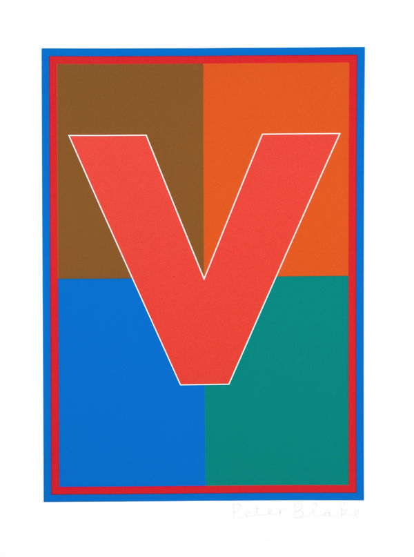 Limited edition silkscreen print by Iconic British Pop artist, Sir Peter Blake titled The Dazzle Alphabet Letter, 2017 featuring a colourful pop art depiction of the letter V. Turner Art Perspective, Essex Gallery.