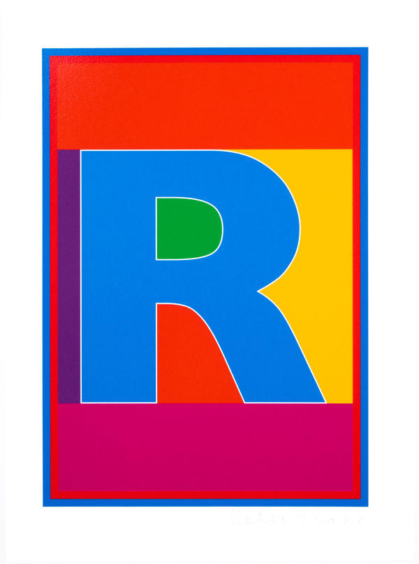 Limited edition silkscreen print by Iconic British Pop artist, Sir Peter Blake titled The Dazzle Alphabet Letter, 2017 featuring a colourful pop art depiction of the letter R. Turner Art Perspective, Essex Gallery.