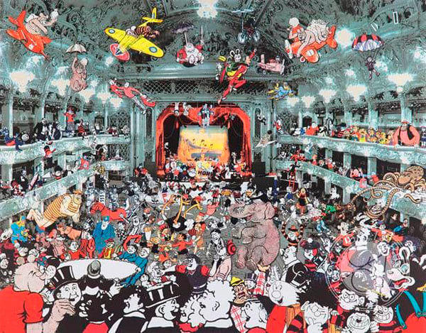 Limited edition silkscreen print by Iconic British Pop artist, Sir Peter Blake titled Marcel Duchamp's World Tour- DC Thomson Reunion at the Tower Ballroom, Blackpool 2016 featuring beano style comic characters in photo of Blackpool Tower ballroom. Turner Art Perspective, Essex Gallery.