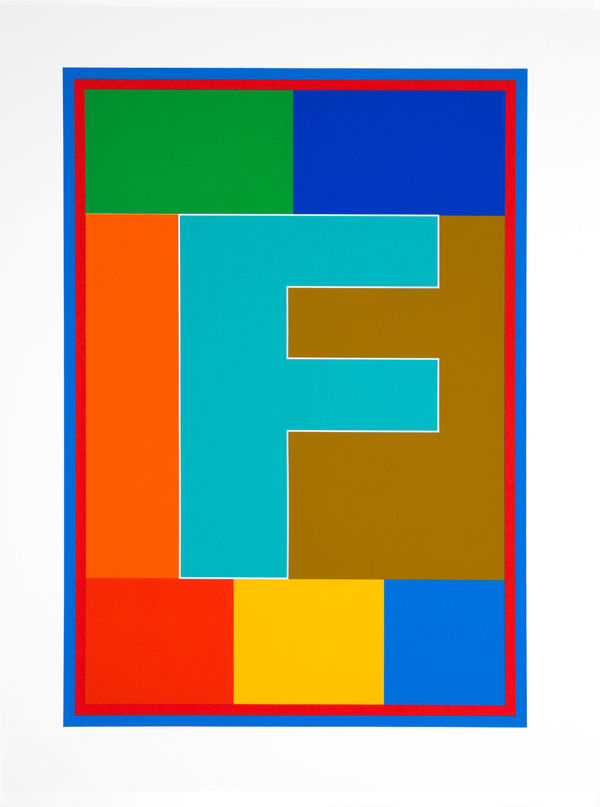 Limited edition silkscreen print by Iconic British Pop artist, Sir Peter Blake titled The Dazzle Alphabet Letter, 2017 featuring a colourful pop art depiction of the letter F. Turner Art Perspective, Essex Gallery.