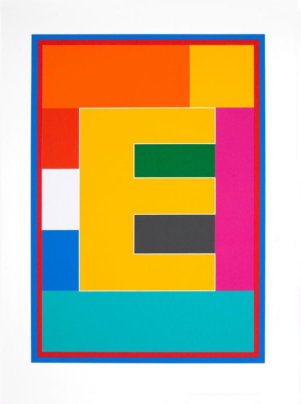 Limited edition silkscreen print by Iconic British Pop artist, Sir Peter Blake titled The Dazzle Alphabet Letter, 2017 featuring a colourful pop art depiction of the letter E. Turner Art Perspective, Essex Gallery.