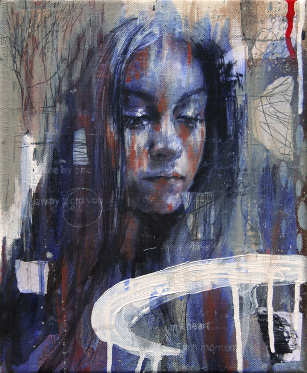Original Painting with spray paint by British female artist Toni Codgell titled One By One, depicting a close-up of a women’s face with layers of blue and white accents with painted words and images like a tree in a street art style. Turner Art Perspective, Essex Gallery.