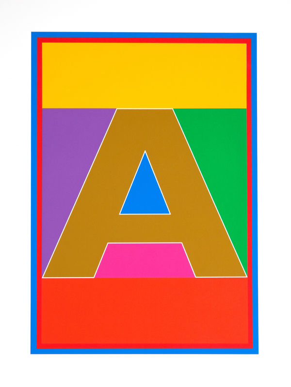 Limited edition silkscreen print by Iconic British Pop artist, Sir Peter Blake titled The Dazzle Alphabet Letter, 2017 featuring a colourful pop art depiction of the letter A. Turner Art Perspective, Essex Gallery.