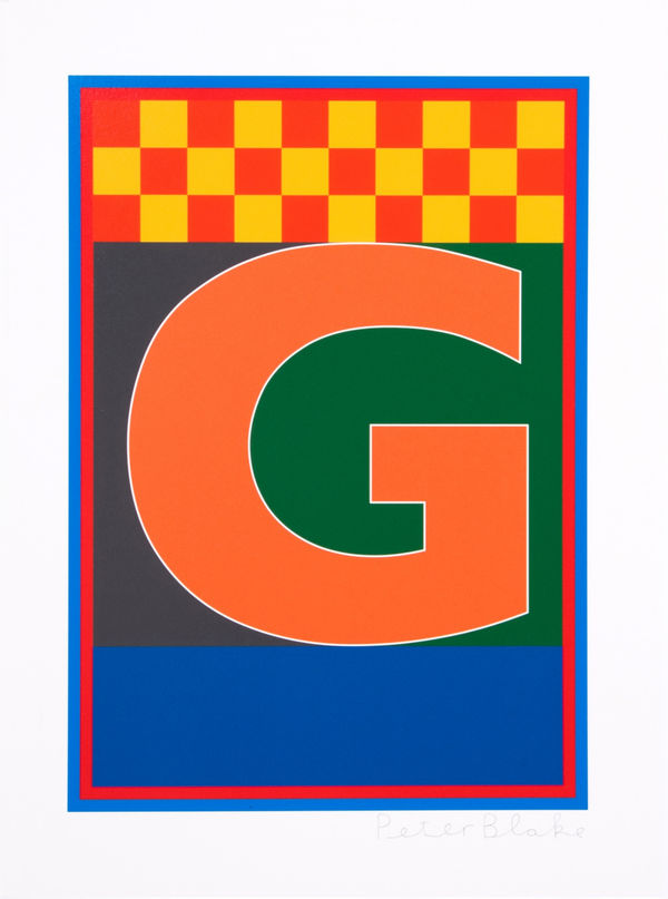 Limited edition silkscreen print by Iconic British Pop artist, Sir Peter Blake titled The Dazzle Alphabet Letter, 2017 featuring a colourful pop art depiction of the letter G. Turner Art Perspective, Essex Gallery.