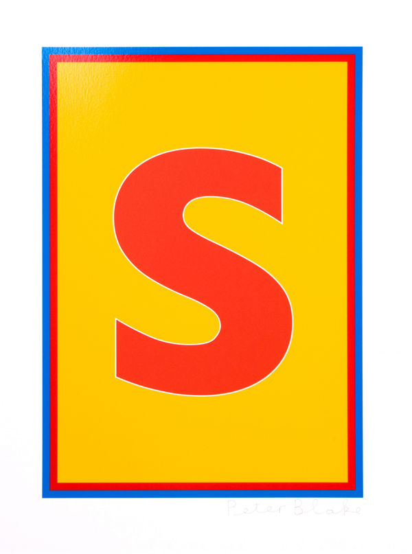 Limited edition silkscreen print by Iconic British Pop artist, Sir Peter Blake titled The Dazzle Alphabet Letter, 2017 featuring a colourful pop art depiction of the letter S. Turner Art Perspective, Essex Gallery.
