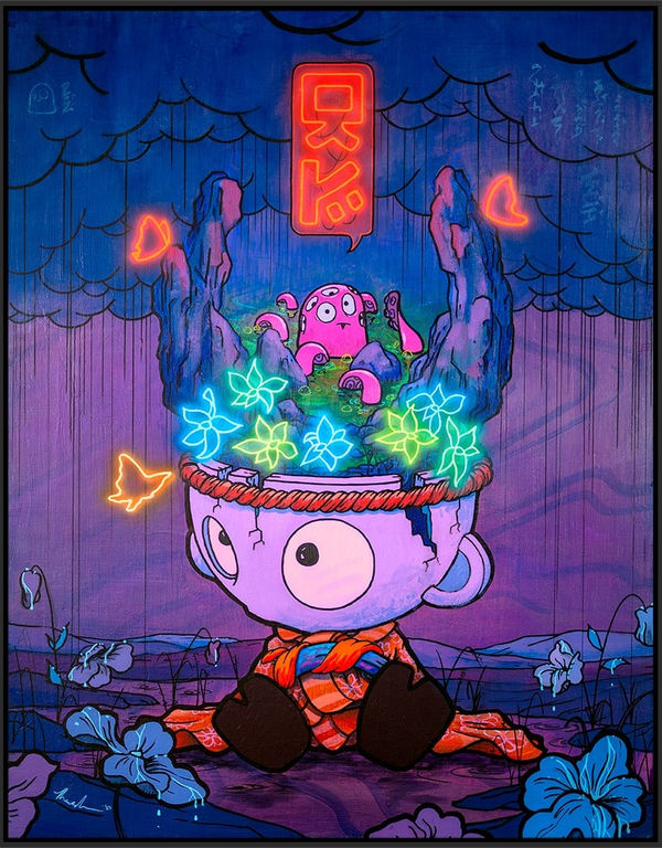 Tom Lewis, Artist, Wisdom and The Sonzai Threat, Neon, Purple, Japanese, Octopus, Teacup, Purple, Turner Art Perspective, Essex Chelmsford Art Gallery