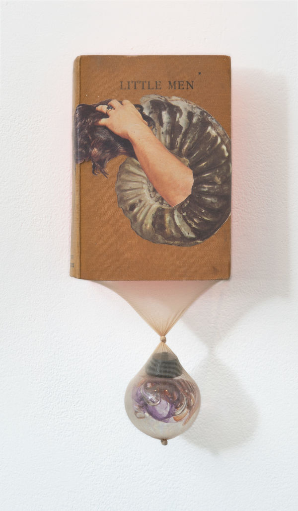 Kate Street Little Men, 2023 Book, collage, nylon, glass, fluorescent paper and metal hooks 33 x 15 cm