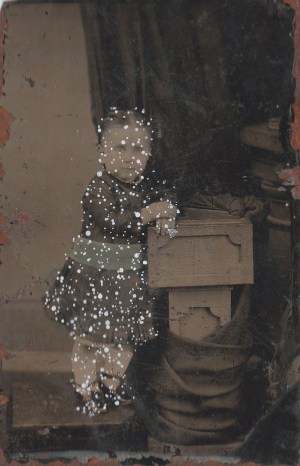 John Latour, Wide-eyed girl with dress and sash leaning against a podium, 2025