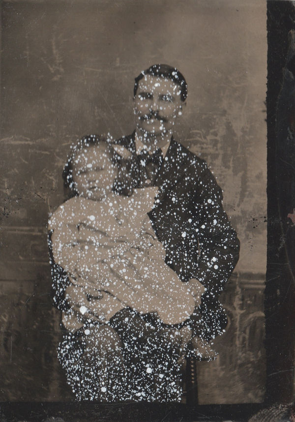 Proud father sitting with his baby girl, 2024 3.5 x 2.3 in., Framed size: 9.6 x 8.6 in. John Latour Found tin type photograph with acrylic paint
