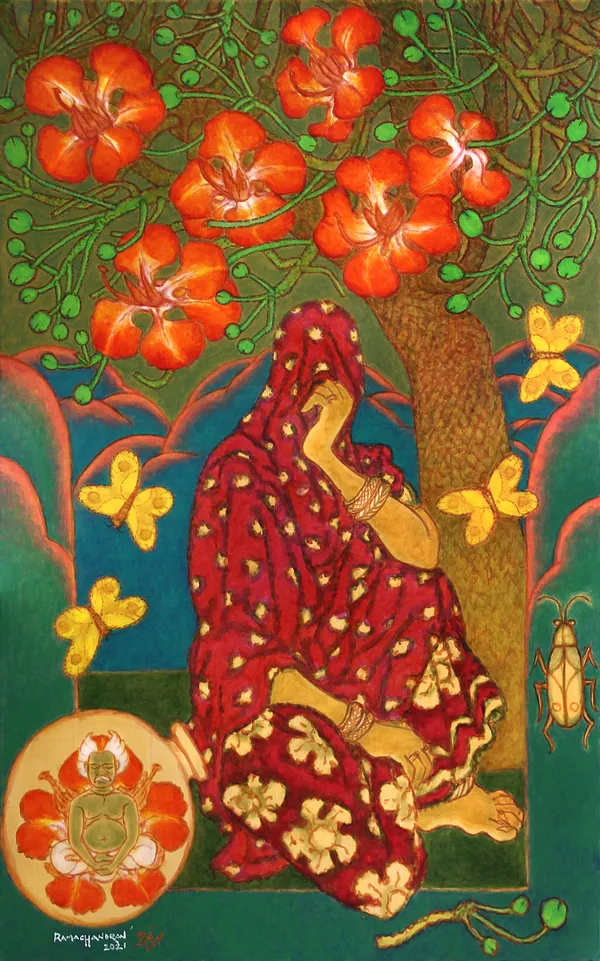 A. Ramachandran, Subaltern Nayika with Gulmohar Flowers, 2021