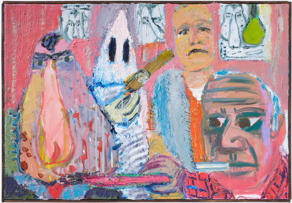 Matthew Collings, Cathedral of evil. Philip Guston asks himself, “What is evil?”  He pins up satirical drawings of President Nixon, then paints Nixon, Klan, murderer of George Floyd, with Klan offering murderer a big cigar., 2023