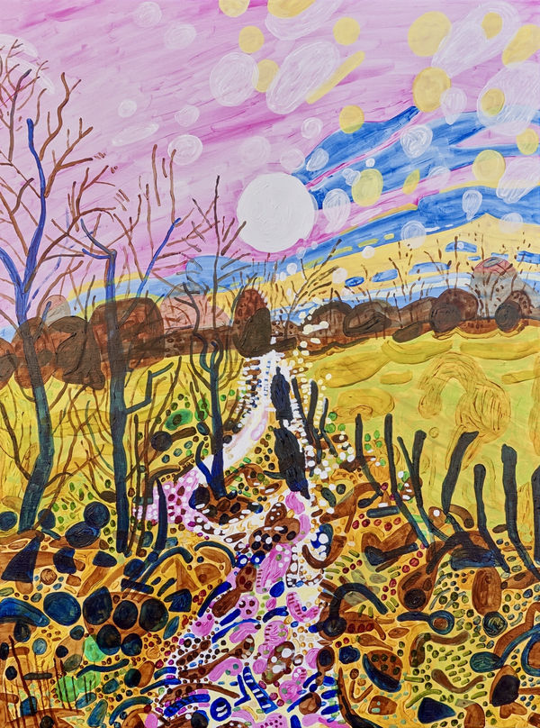 Phill Hopkins, Figure along muddy track into the big low sun , 2024