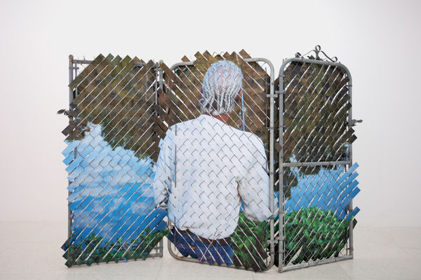Glen Wilson And He Said He Ain’t Goin’ Back (Ruben, Shreveport), 2022 Steel, chain link mesh, UV print on synthetic resin 114 x 74 x 4 in 289.6 x 188 x 10.2 cm