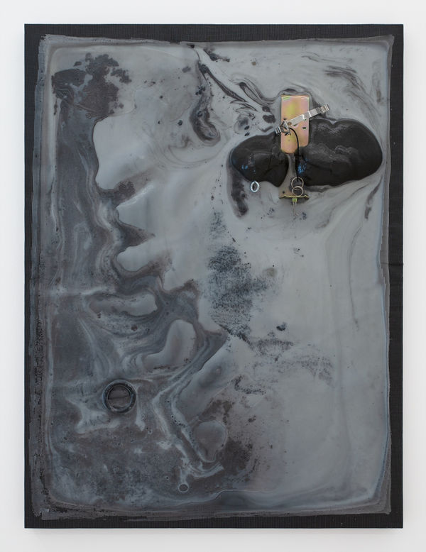 Hayden Dunham rose up | who am I to trap the sun, 2021 Charcoal, mica, metal, tourmaline powder, acrylic, liquid glass, volcanic water, wood, adhesive, and screen 40 x 30 x 5 in 101.6 x 76.2 x 12.7 cm