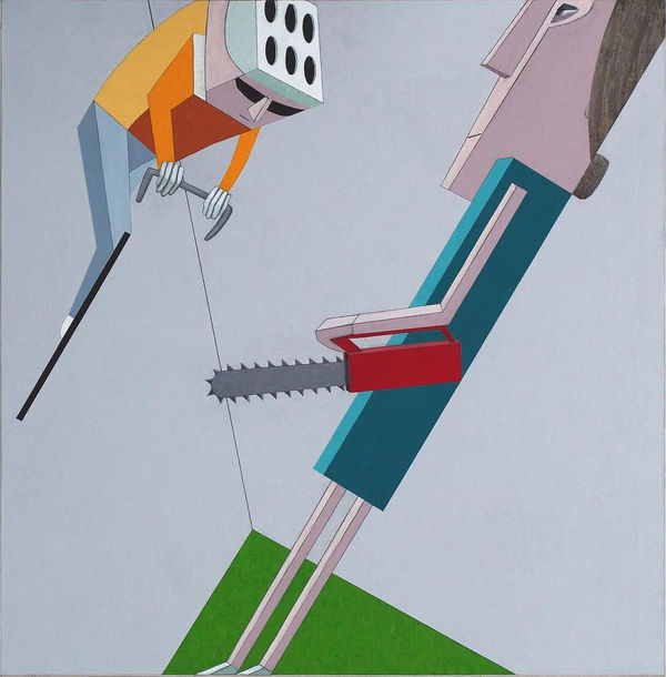 Mernet Larsen Chainsawer and Bicyclist, 2014 Acrylic and mixed media on canvas 49 1/2 x 49 ins 125.73 x 124.46 cm