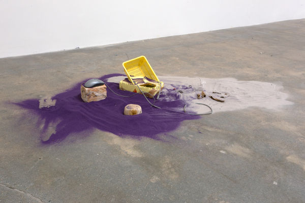 Anna Sew Hoy Accumulation Entropy II, 2019 Plastic, iPhone, computer mouse, chromatic sand, plaster, weather Dimensions variable