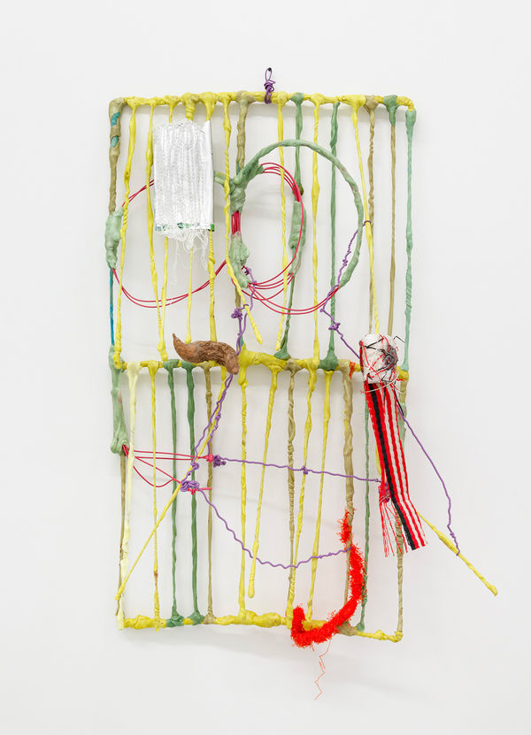 Julien Creuzet Fuyant, la solitude de la solitude, inconsciente, relent, d’une lenteur en perdre le souffle. Je respire enfin, petit serein du matin. Merci, courage, point de cadavre, corps building rouille de l’int rieur de corps aussi roseaux, 2021 Plastic, metal, packaging, seam 47 1/4 x 27 1/2 x 11 3/4 in 120 x 70 x 30 cm