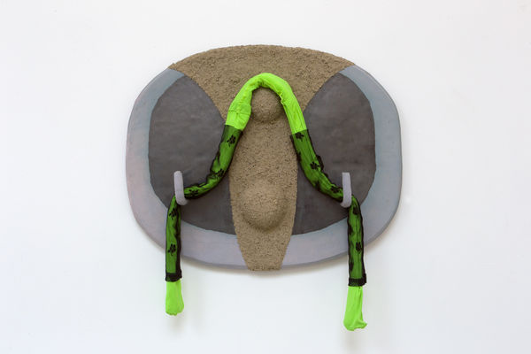 Anna Sew Hoy See Yourself In Wool, 2019 Chromatic clay, glaze, sand, and mixed media 30 x 31 x 5 1/2 ins 76.2 x 78.74 x 13.97 cm