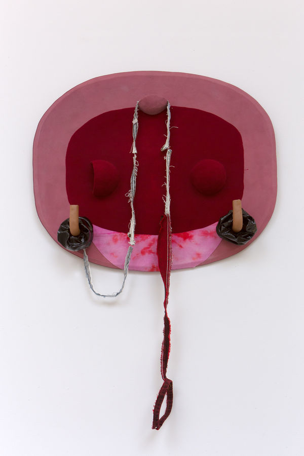 Anna Sew Hoy Blood Moon Breastplate, 2019 Fired clay and glaze, dyed denim, flocking, and mixed media 40 x 29 x 5 ins 101.6 x 73.66 x 12.7 cm