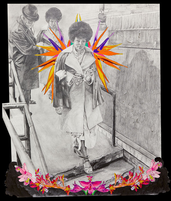 Oasa DuVerney Assata Shakur as Queen Nzinga of Ndongo Preparing for Ascent, 2023 graphite and acrylic on hand cut paper 57 x 67 1/2 inches 144.8 x 171.4 cms