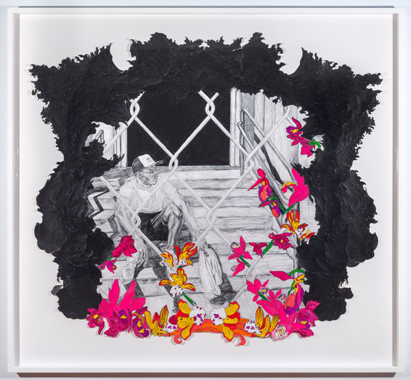 Oasa DuVerney They think they killed you but I saw you yesterday, 2022 graphite and acrylic on hand cut cotton rag paper 46 x 40 inches 116.8 x 101.6 cms