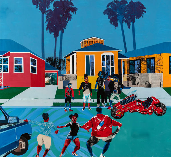 Na'ye Perez Little Homies (Life Hard But I Go Harder, Concrete Where The Rose Blossoms), 2024 Acrylic, spray paint, sand (Los Angeles: Dockweiler, Manhattan Beach), gel transfers, fiber paste, lino block prints on rice paper, magazine clippings (Vibe, XXL, Source), skateboard grip tape, pumice on canvas 52 x 48 inches 132.1 x 121.9 cms