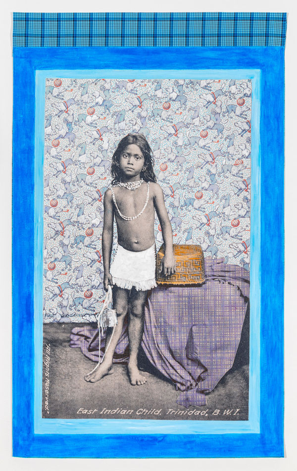 Renluka Maharaj Vikram, the milkseller, 2022 pigmented ink print, acrylic paint, acrylic markers, cotton fabric and thread on canvas, with acrylic rod 24 x 35 inches 61 x 88.9 cms