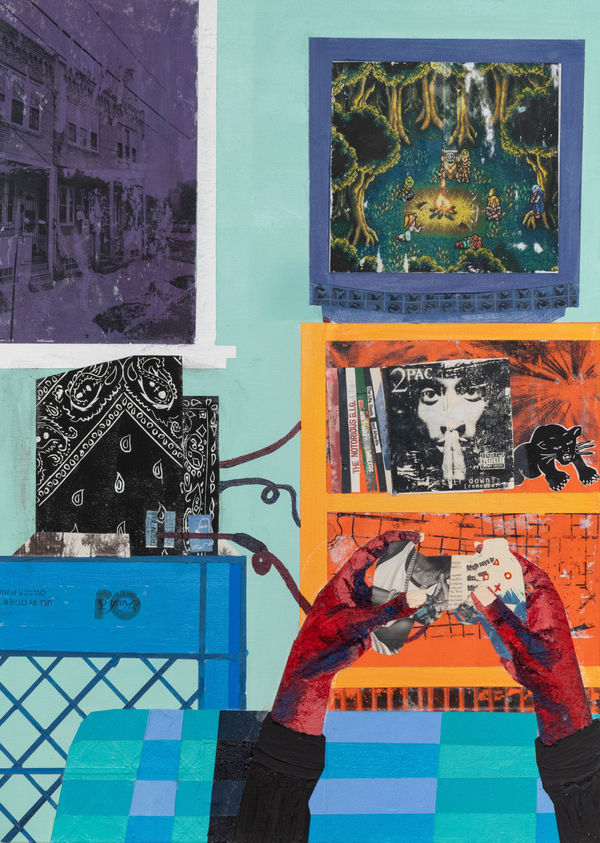 Na'ye Perez Never Been, Part II, 2024 Acrylic, Spray Paint, Sand (Dockweiller, LA, Atlantic City, NJ and Haiti), Gel transfers, Magazine (Vibe), Lino block prints on Rice Paper, BFK Rives paper on canvas 36 x 24 inches 91.4 x 61 cms