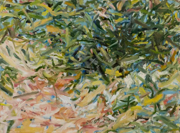 An abstract painting of a fox in the grass