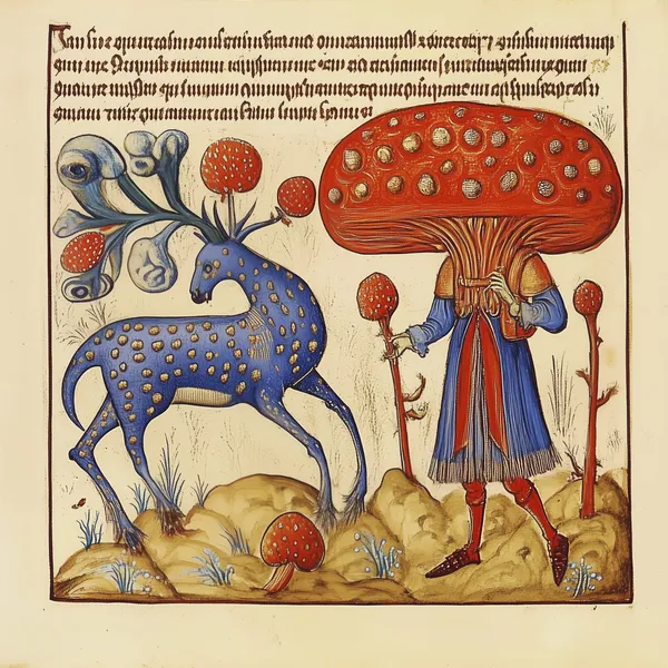 A surreal image of a blue deer and a man with a giant red mushroom hat