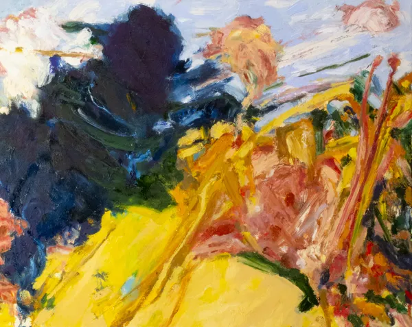 An abstract painting of a desert landscape