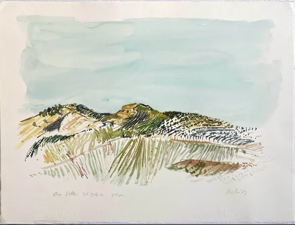 a watercolor of a vineyard landscape