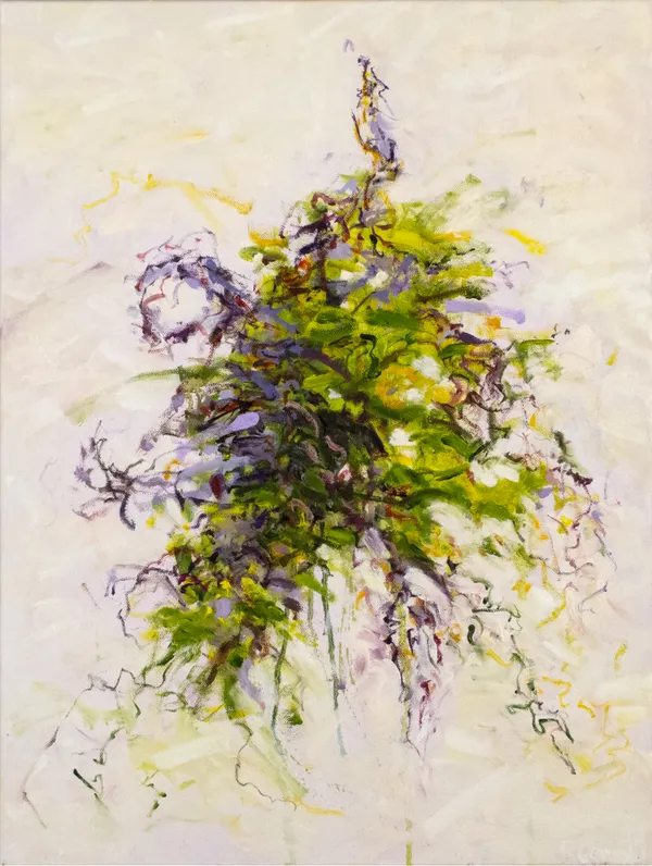 An abstract painting of a shaggy green and purple mass on a cream background