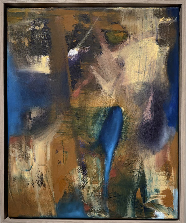 An abstract painting with blues and browns